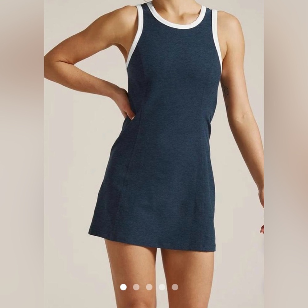 NWT Beyond Yoga Blue and White Mini Dress outlines. In original packaging.